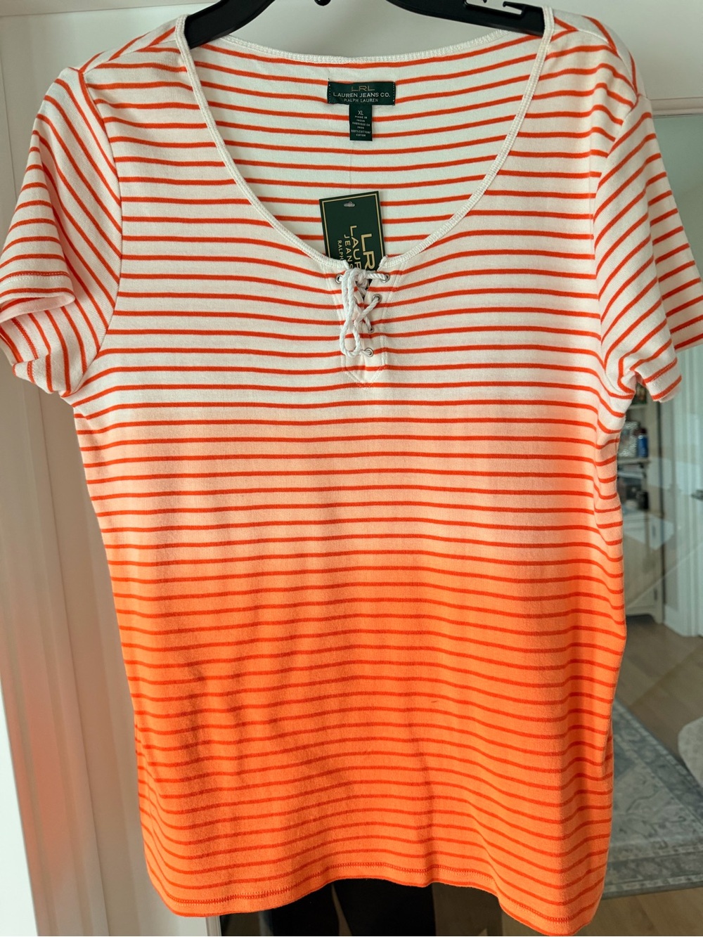 Lauren Jeans Co. Ralph Lauren Orange & White Striped Lace-Up Tee | XL | NWT